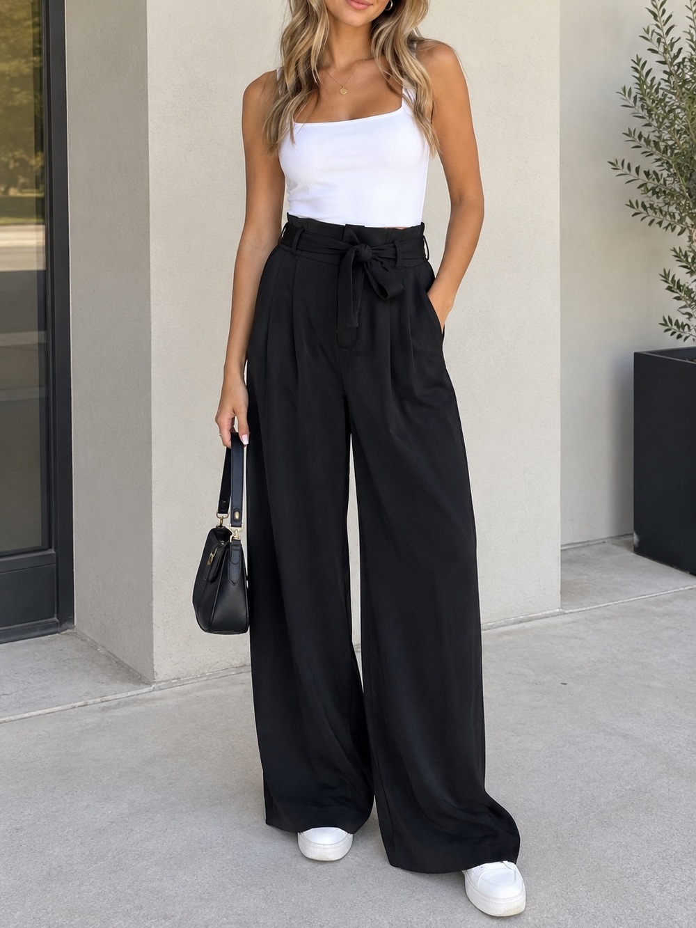 Abercrombie Wide Leg Cropped Trouser Pants with Tie - Black Satin Small Short